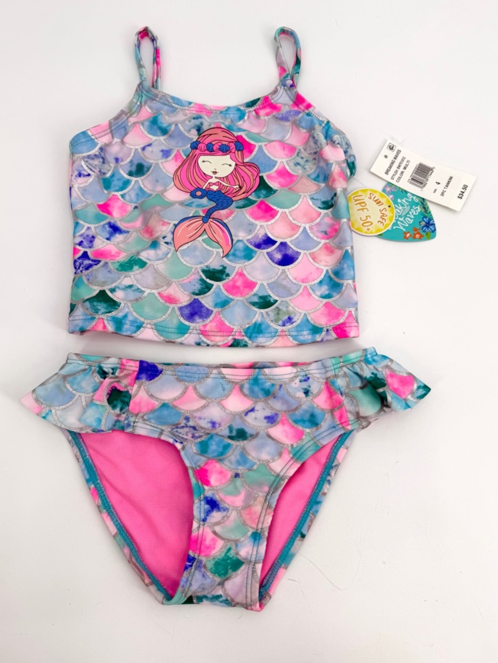 Breaking Waves Tankini Swimsuit Girls 4 Mermaid Pink Blue Mermaid UPF 50+ Unworn